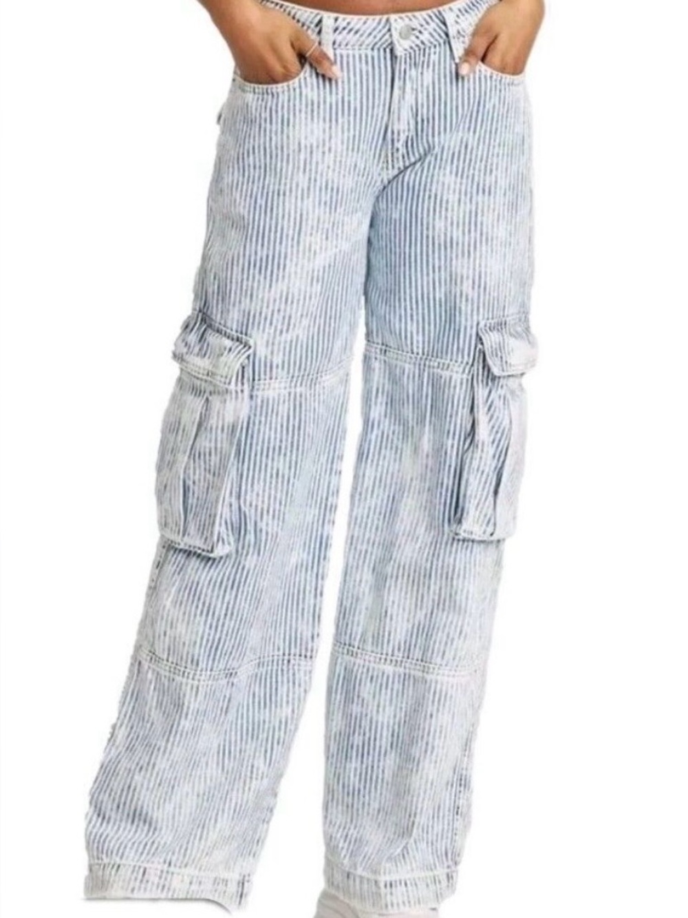wild fable Striped Light Blue Wide-Leg Cargo Jeans
